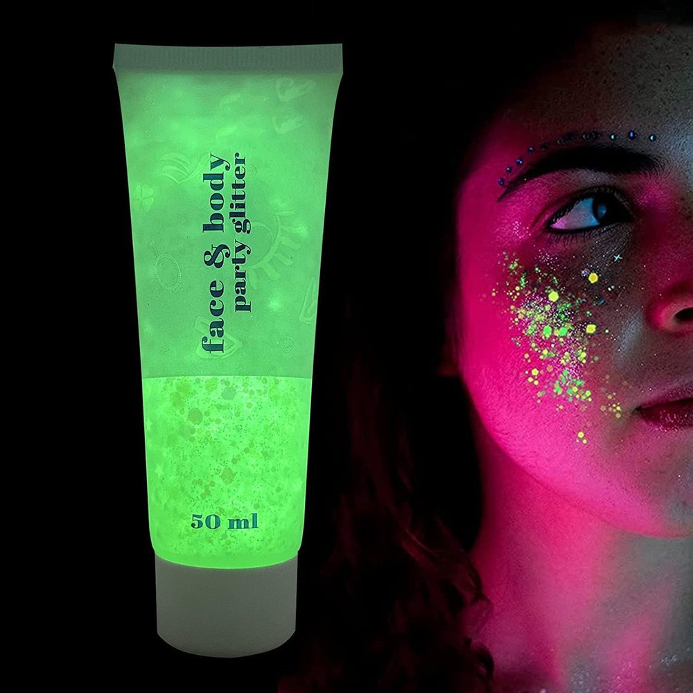 GL-Turelifes Glow in The Dark Body Face Glitter Gel 50ml Luminous Iridescent Chunky Glitter Gel Festival Glitter Cosmetic Face Hair Nails Makeup Long Lasting Sparkling
