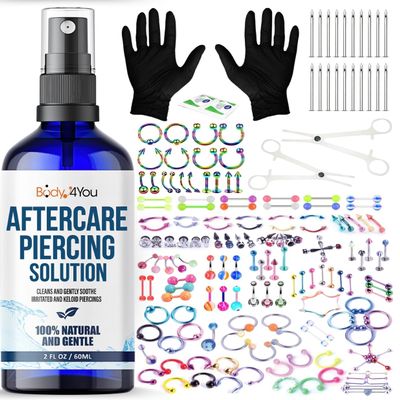 BodyJ4You 157PC Body Piercing Kit Aftercare Saline Cleanser Spray | Belly Ring Nose Septum Tragus Ear Cartilage Industrial | Horseshoe Ring Hoop Barbell Stud Spike | 14G 16G 18G 20G | RANDOM Mix