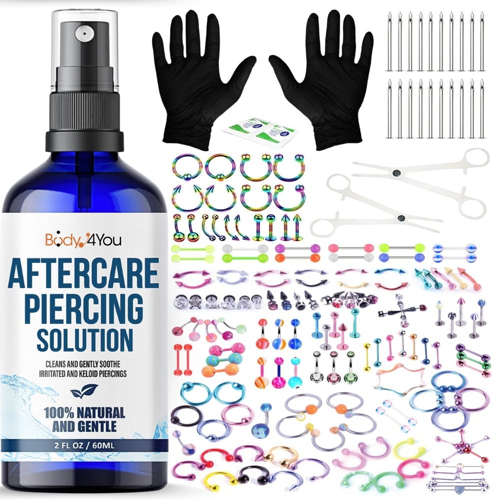 BodyJ4You 157PC Body Piercing Kit Aftercare Saline Cleanser Spray | Belly Ring Nose Septum Tragus Ear Cartilage Industrial | Horseshoe Ring Hoop Barbell Stud Spike | 14G 16G 18G 20G | RANDOM Mix