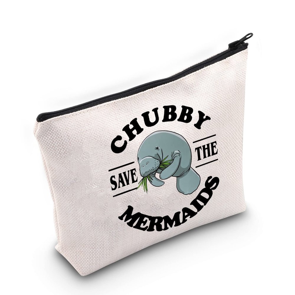 G2TUP Sea Manatee Lover Gift Save The Chubby Mermaids Makeup Bag Manatee Sea Cow Cosmetic Bag Animal Lover Gift Zipper Travel Bag (Save The Chubby Mermaids White Bag)