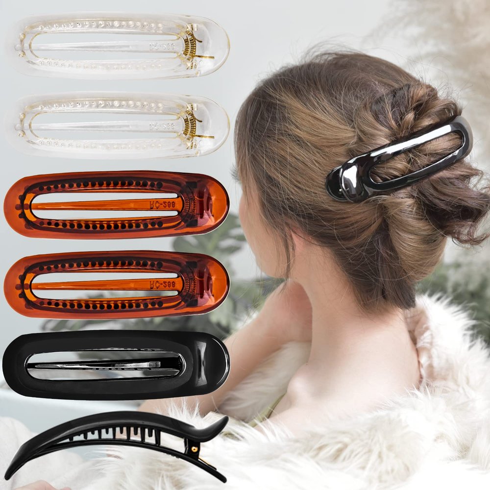 RC ROCHE 6 Pcs Flat Claw Hair Clips for Women Alligator French Barrette Long Thick Hair Duckbill Curved No Slip Grip Lay Flat Side Slide Firm Classic Styling, Large Clear, Brown & Black