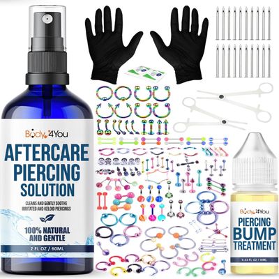 BodyJ4You 158PC Body Piercing Kit Aftercare Saline Cleanser Bump Removal | Belly Ring Nose Septum Tragus Ear Cartilage Industrial | Horseshoe Ring Hoop Barbell Stud Spike | 14G 16G 18G 20G | RANDOM