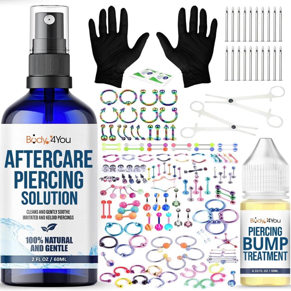 BodyJ4You 158PC Body Piercing Kit Aftercare Saline Cleanser Bump Removal | Belly Ring Nose Septum Tragus Ear Cartilage Industrial | Horseshoe Ring Hoop Barbell Stud Spike | 14G 16G 18G 20G | RANDOM