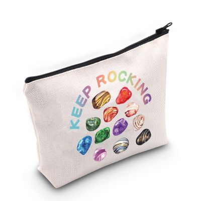G2TUP Geologist Gift Keep Rocking Makeup Bag Geology Cosmetic Bag Rock Mineral Collector Gift Geology Lover Gift Zipper Travel Bag (Keep Rocking White Bag)