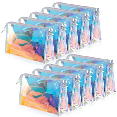 BESARME 10 Pcs Holographic Makeup Bags, Clear PVC Makeup Bag Iridescent Pouch Portable Zippered Toiletry Bag Waterproof Cosmetic Bags Bathroom Vacation Valentines Day Gifts Valentine Party Favors