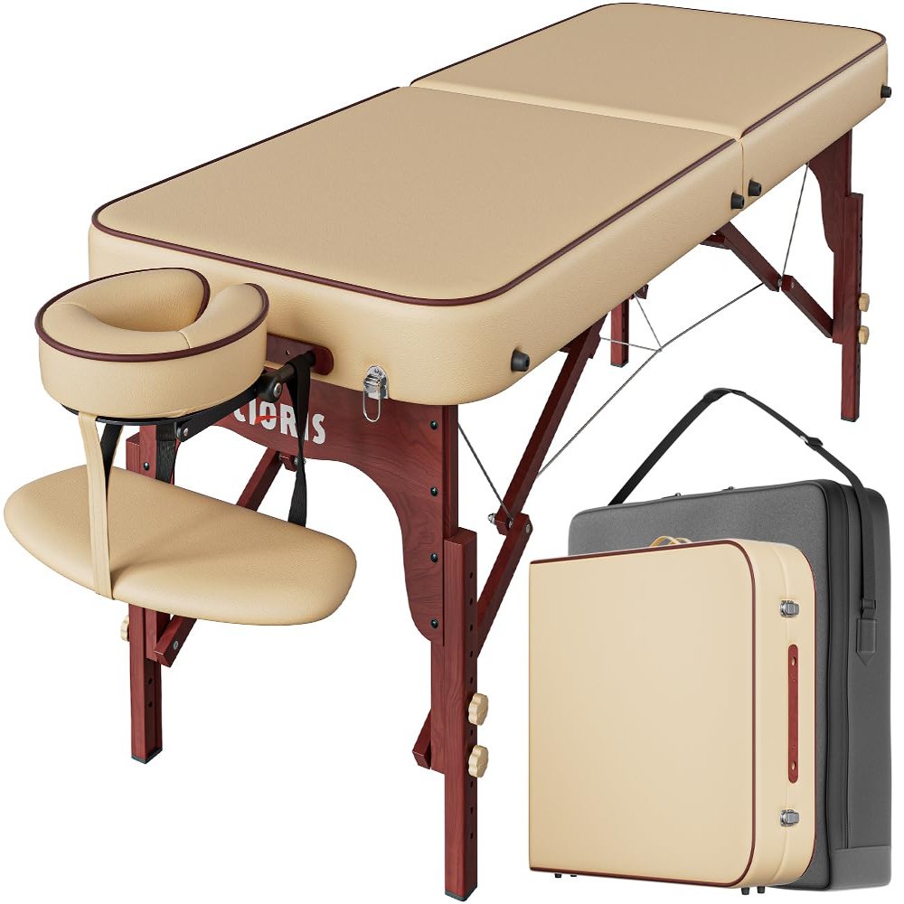 CLORIS 84" Professional Massage Table Portable Reinforced Wooden Leg Hold Up to 1100LBS 2 Folding Lightweight Spa Solon Tattoo Massage Bed Height Adjustable with Carrying Bag