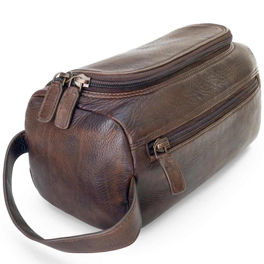 LUXEORIA Premium Handmade Leather Toiletry Bags for Men and Women, Genuine Leather Dopp Kit and Shaving Bag for Men, Travel Cosmetic Bag for Womens and Mens, Retro - Dark Brown