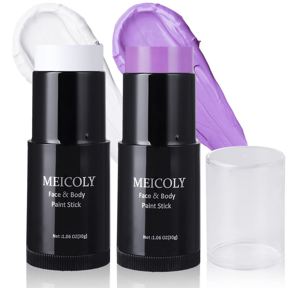 MEICOLY White Purple Face Body Paint Stick 1.06 Oz/pc,Bundle Clown White Makeup Foundation,Purple Eye Black Stick for Sports,Joker Zombie Vampire Skeleton Cosplay Halloween Makeup Stick,2pcs