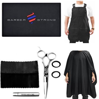 Barber Strong Barber Shears and the Barber Cape Haircut Cover - Black, Barber Apron Regular in Black, Barber Mat - Black, Barber Strong Bundle for Beginners up to Professional Barbers