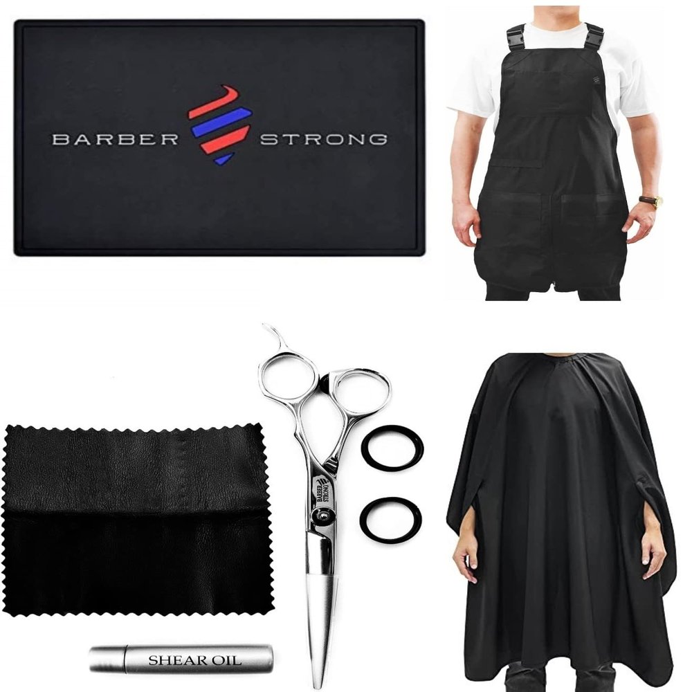 Barber Strong Barber Shears and the Barber Cape Haircut Cover - Black, Barber Apron Regular in Black, Barber Mat - Black, Barber Strong Bundle for Beginners up to Professional Barbers