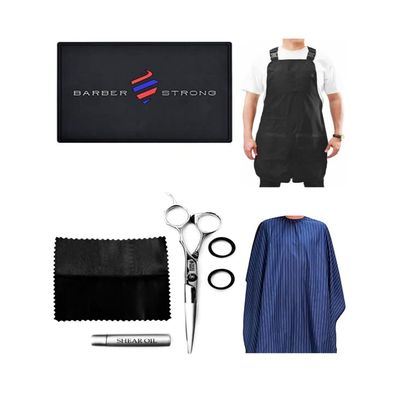 Barber Strong Barber Shears and the Barber Cape Haircut Cover - Blue/White Stripe, Barber Apron Regular in Black, Barber Mat - Black, Bundle for Beginners up to Professional Barbers