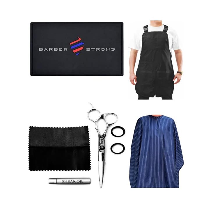 Barber Strong Barber Shears and the Barber Cape Haircut Cover - Blue/White Stripe, Barber Apron Regular in Black, Barber Mat - Black, Bundle for Beginners up to Professional Barbers