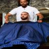 Barber Strong Barber Shears and the Barber Cape Haircut Cover - Blue/White Stripe, Barber Apron Regular in Black, Barber Mat - Black, Bundle for Beginners up to Professional Barbers view 2