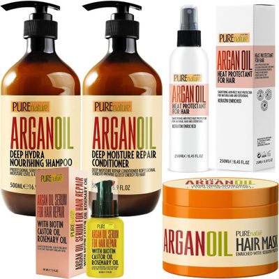 PURE NATURE Lux Spa Moroccan Argan Oil Shampoo and Conditioner Set, Hair Mask, Serum, and Heat Protectant Spray with Keratin - 4 Piece Hair Care Treatment