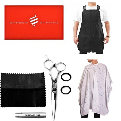 Barber Strong Barber Shears and the Barber Cape Haircut Cover - White 24K Gold, Barber Apron Regular in Black, Barber Mat - Red, Barber Strong Bundle for Beginners up to Professional Barbers