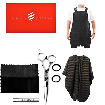 Barber Strong Barber Shears and the Barber Cape Haircut Cover - Gold Pinstripe, Barber Apron Regular in Black, Barber Mat - Red, Barber Strong Bundle for Beginners up to Professional Barbers