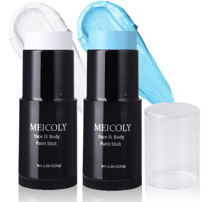 MEICOLY White Blue Face Body Paint Stick 1.06 Oz/pc,Argentina Flag Face Paint,Bundle Clown White Makeup Foundation,Eye Black Stick for Sports,Joker Zombie Vampire Skeleton Halloween Stick,2pcs