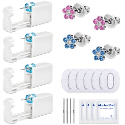 4 Pack Self Ear Piercing Gun Kit Disposable Ear Piercinging Tool Set Safety Painless with Crystal Stainless Steel Earring Studs Silver Sticks for Salon Home