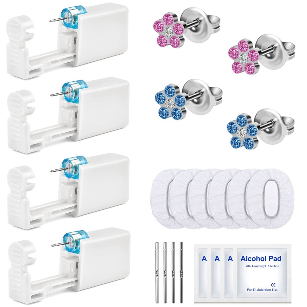 4 Pack Self Ear Piercing Gun Kit Disposable Ear Piercinging Tool Set Safety Painless with Crystal Stainless Steel Earring Studs Silver Sticks for Salon Home