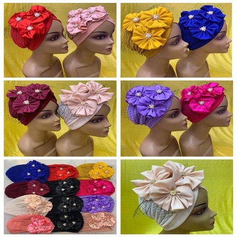 Fashionable Flower Turban Hats Women Cap Beaded for Scarfs Head Wrap Headband Girl Hair Accessories Lady Hats 12pcs/Pack