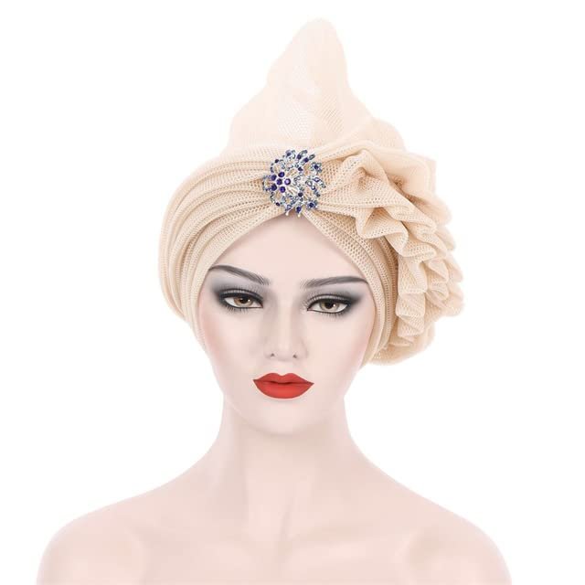 Diamonds Turban Femme Headtie Gele Nigerian Net African Auto Gele Head Wrap Net Turban Hat for Women Muslim Hijab 2pcs - 2pcs