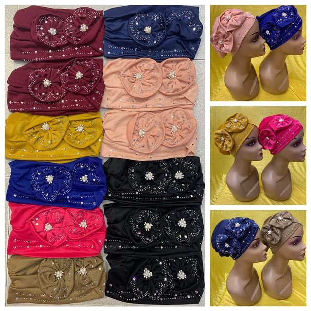 Fashionable Flower Turban Hats Women Cap Beaded for Scarfs Head Wrap Headband Girl Hair Accessories Lady Hats 12pcs/Pack