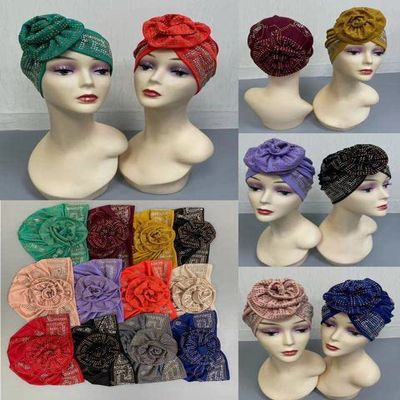 African Turbans Auto Women Hat with Bling Rhinestones Head Wraps Hijab Caps Headtie Already Made Muslim Scarf 12pcs/Pack