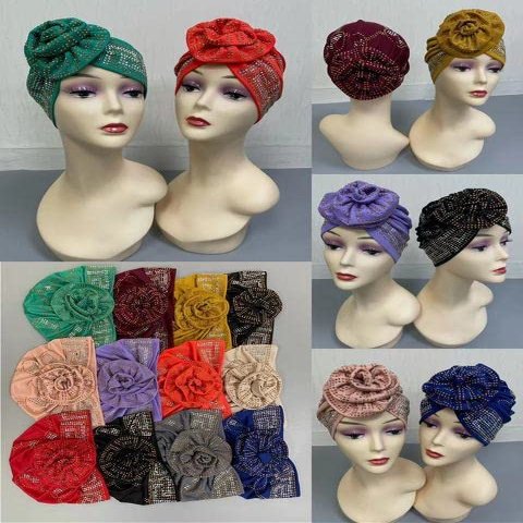 African Turbans Auto Women Hat with Bling Rhinestones Head Wraps Hijab Caps Headtie Already Made Muslim Scarf 12pcs/Pack