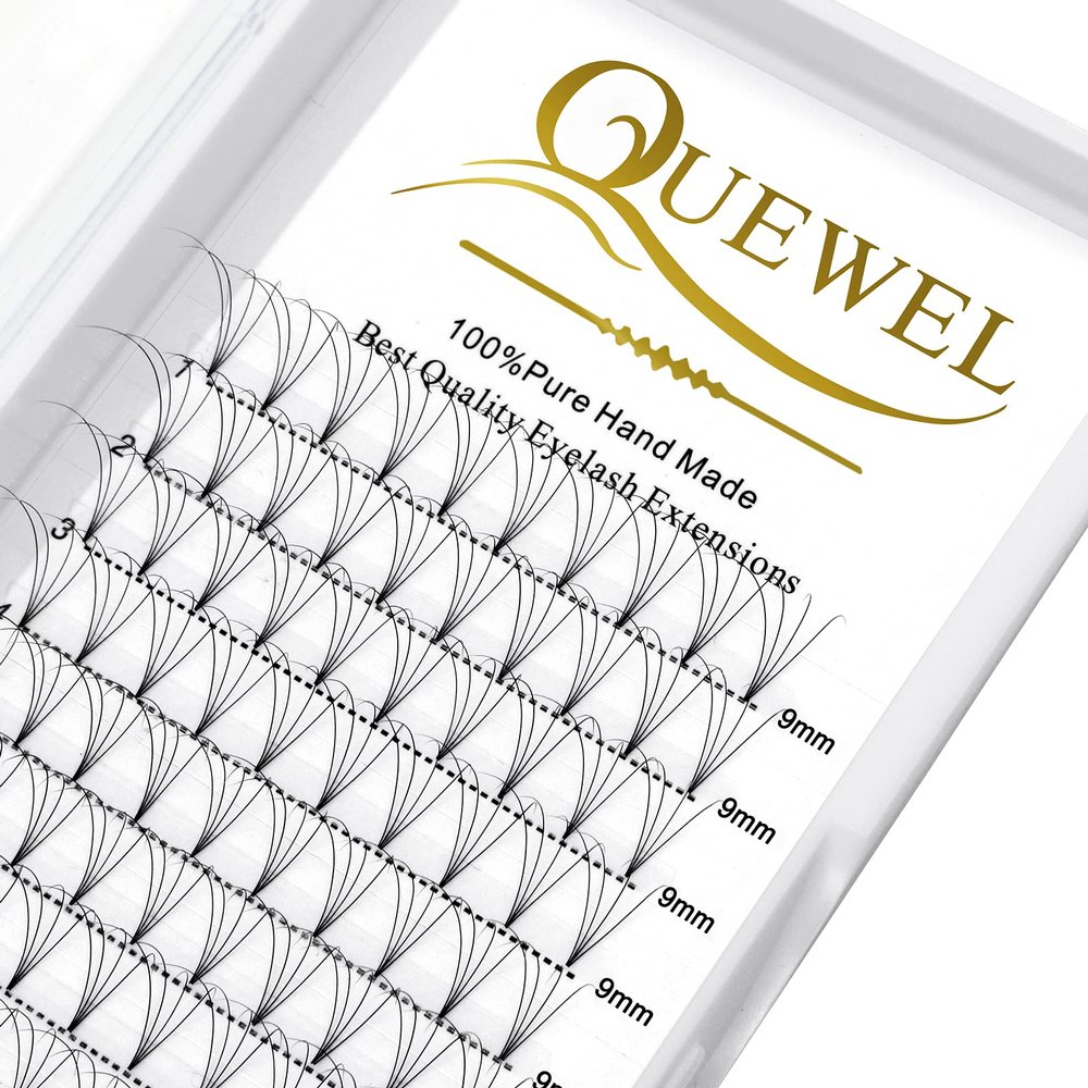 QUEWEL Premade Lash Fans, 4D Premade Fans Eyelash Extensions 0.07mm Thickness C Curl 9mm Volume Lash Extensions Short Stem Pre Made Fans Eyelash Extensions(4D 0.07C 9mm)