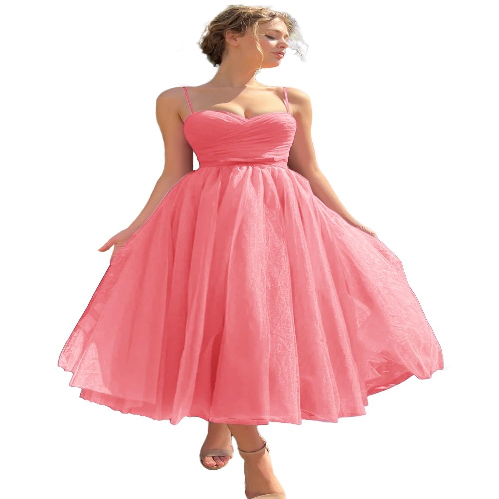 Sevintage Women's Tulle Ball Gowns for Teens Tea Length Princess Dresses Spaghetti Straps Short Prom Dress Midi Party Gown for Wedding Coral US12