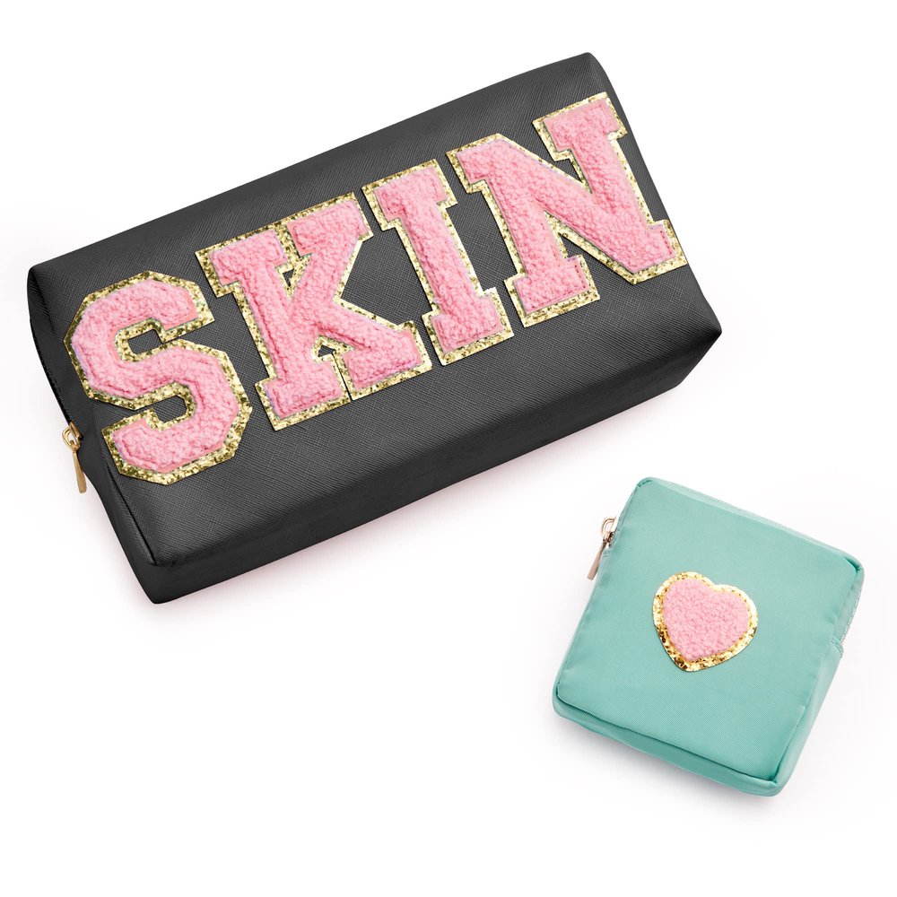 BAGMIND Preppy Patch Skin Makeup Bag for Travel, 2 PCS Chenille Letter Cosmetic Sunscreen Bag, PU Waterproof Beach Bag Pouch Organizer,Gift for Women Girls