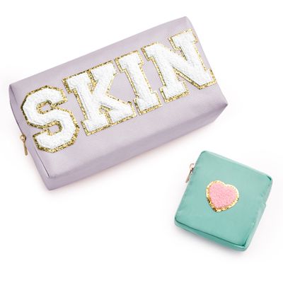 BAGMIND Preppy Patch Skin Makeup Bag for Travel, 2 PCS Chenille Letter Cosmetic Sunscreen Bag, PU Waterproof Beach Bag Pouch Organizer,Gift for Women Girls