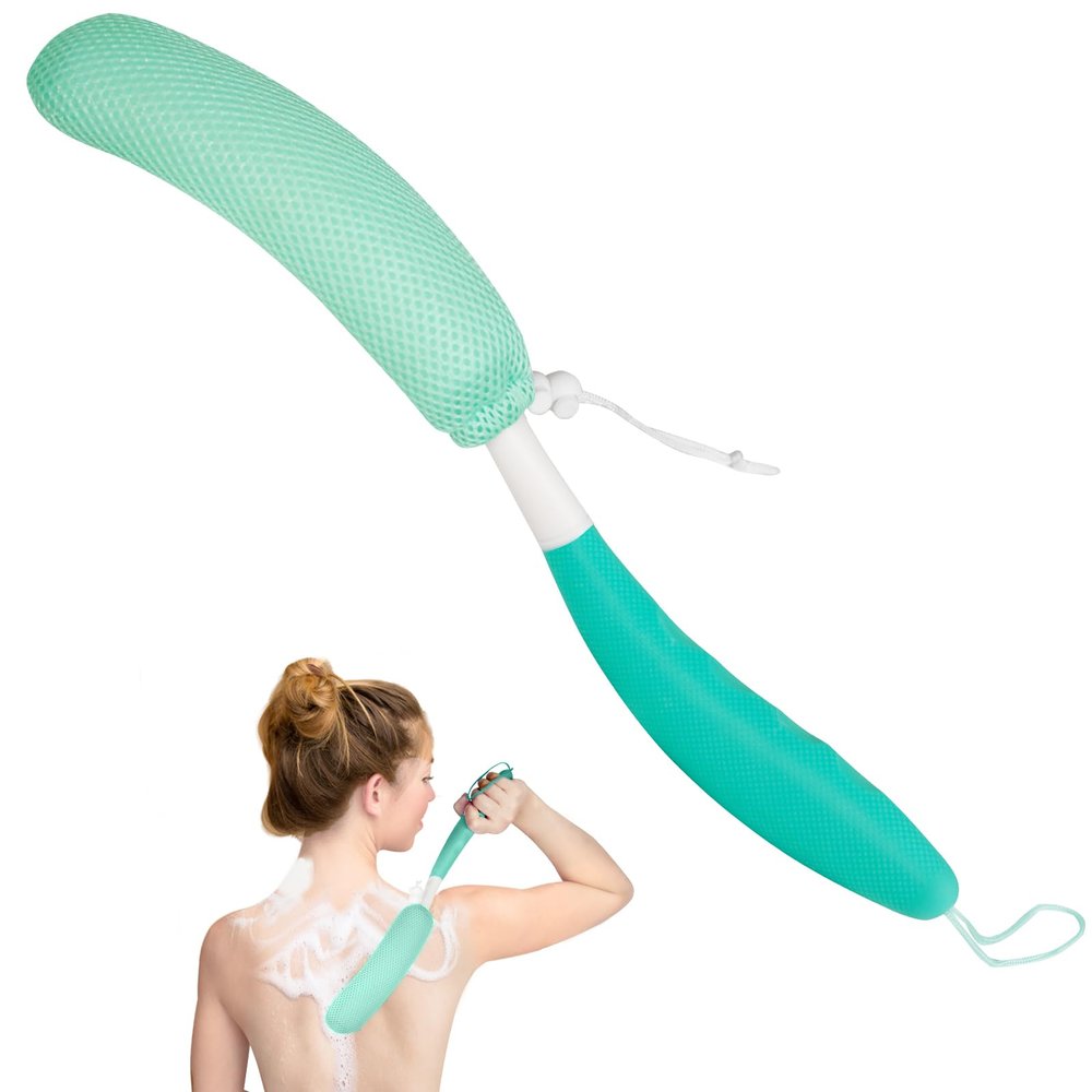 Leetye Mei Long Handle Bath Brush Back Scrubber for Use in Shower,Dual-Sided Non Slip Shower Scrubber for Cleaning BodyExfoliator Wet or Dry Brushing Bath Brush Long Handle for Shower (Green-Green)