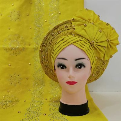 African Nigeria Unique Headtie with Shawl Flower Stones Beads Headband Turban Head Scarf Wine Already Tied! 2pcs