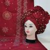 African Nigeria Unique Headtie with Shawl Flower Stones Beads Headband Turban Head Scarf Wine Already Tied! 2pcs view 3
