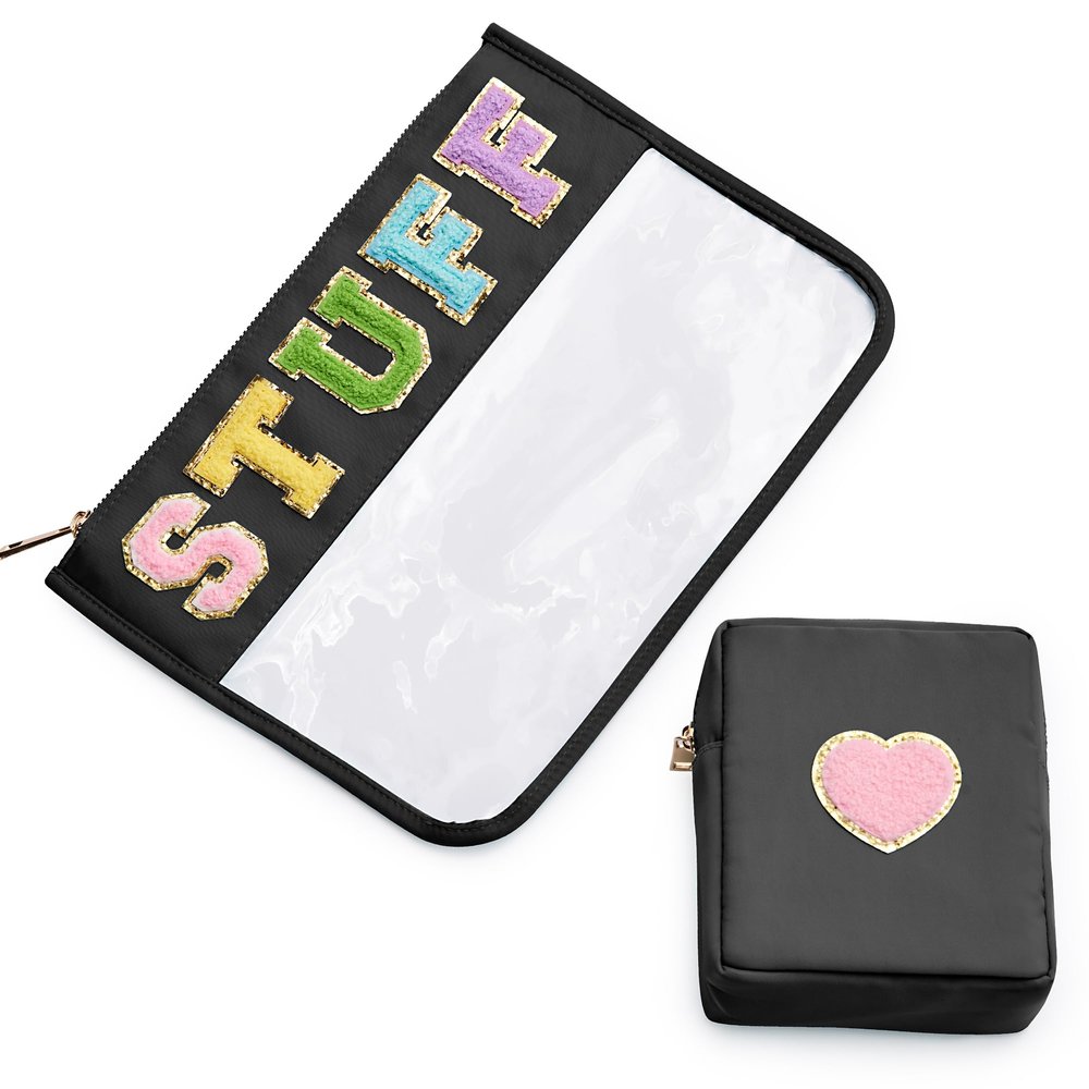 BAGMIND Preppy Patch Stuff Bag for Travel, 2 PCS Chenille Letter Clear Sunscreen Bag, PU Waterproof Beach Snack Makeup Cosmetic Bag Pouch, Gift for Women Girls