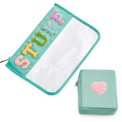 BAGMIND Preppy Patch Stuff Bag for Travel, 2 PCS Chenille Letter Clear Sunscreen Bag, PU Waterproof Beach Snack Makeup Cosmetic Bag Pouch, Gift for Women Girls