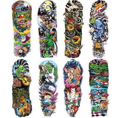 Realistic Colorful Temporary Tattoo Sleeves, Full Arm Watercolor Halloween Fish Horse Fake Sleeve Tattoo For Women Kid, Large Waterproof Rabbit Skull Temp Tatoo Stickers Body Makeup, 8-Sheet