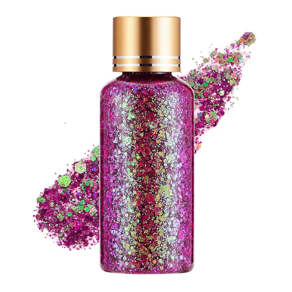 Dream Rose Color Body Glitter, Face Glitter Gel, Hair Glitter for Women Kid, Holographic Chunky Mermaid Sequin Shimmer Makeup for Halloween Party Carnival Festival Rave Accessories, 1oz