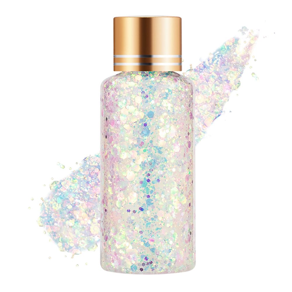 Clear White Face Body Hair Glitter Gel for Women Kids, Changes Color with The Angle and Light, Holographic Mermaid Sequin Sparkling Paint Makeup for Halloween Festival Rave Accessories, 1oz