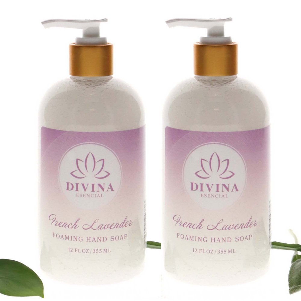 Divina Esencial Calming French Lavender Foaming Hand Soap, 100% Vegan, Made with Essencial Oils, No Dyes, No Harsh Cleansers, Paraben- Free, Pack of 2 (12 Fl Oz each)