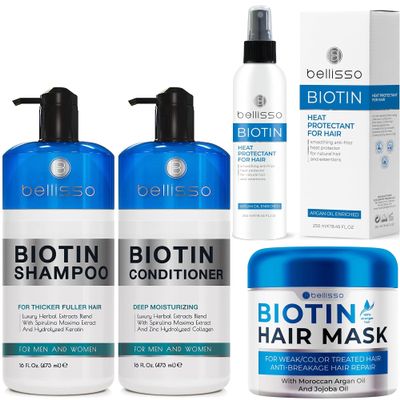 BELLISSO Biotin Heat Protectant Spray with Moroccan Argan Oil and Biotin Shampoo and Conditioner Set and Biotin Hair Mask