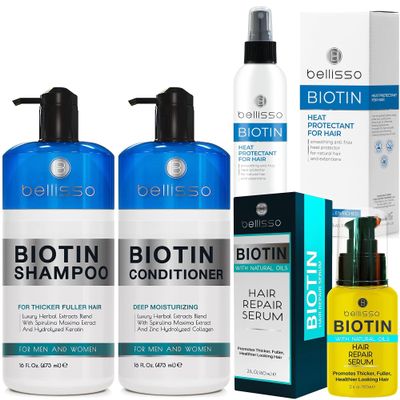 BELLISSO Biotin Heat Protectant Spray for Hair with Moroccan Argan Oil and Biotin Shampoo and Conditioner Set and Biotin Hair Thickening Serum