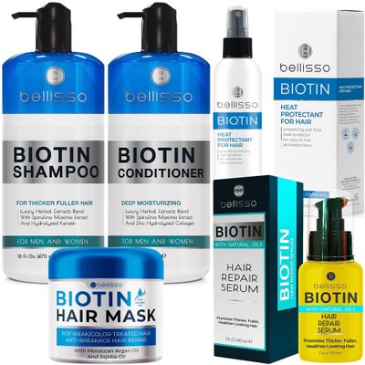 BELLISSO Biotin Shampoo and Conditioner Set, Hair Thickening Serum, Hair Mask, Heat Protectant Spray with Moroccan Argan Oil for Hair Volume, Thickness and Damage Repair