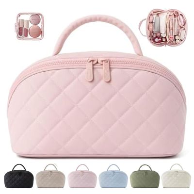 Petition Makeup Bag for Travel, women Large Capacity Petition Cosmetic Bag 2 Pcs Petition Toiletry Bag Spacious 180 Open Cosmetic Organizer for Toiletries & Brushes With Compartments(Light Pink)