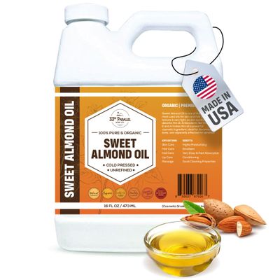 ORGANIC SWEET ALMOND OIL (16 oz) Premium Cold Pressed Unrefined | 100% Pure Sweet Almond Oil for Skin, Face, Hair, Soap Making | Carrier for Essential Oils | Available in Bulk | 16 FL OZ