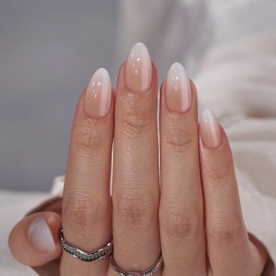 Almond Press On Nails Medium - BTArtbox Soft Gel Ombre Fake Nails with Nail Glue, Semi-Transparent Reusable Glue On Nails in 16 Sizes - 32PCS Stick On Nails Kit, Vanilla Cream Almond