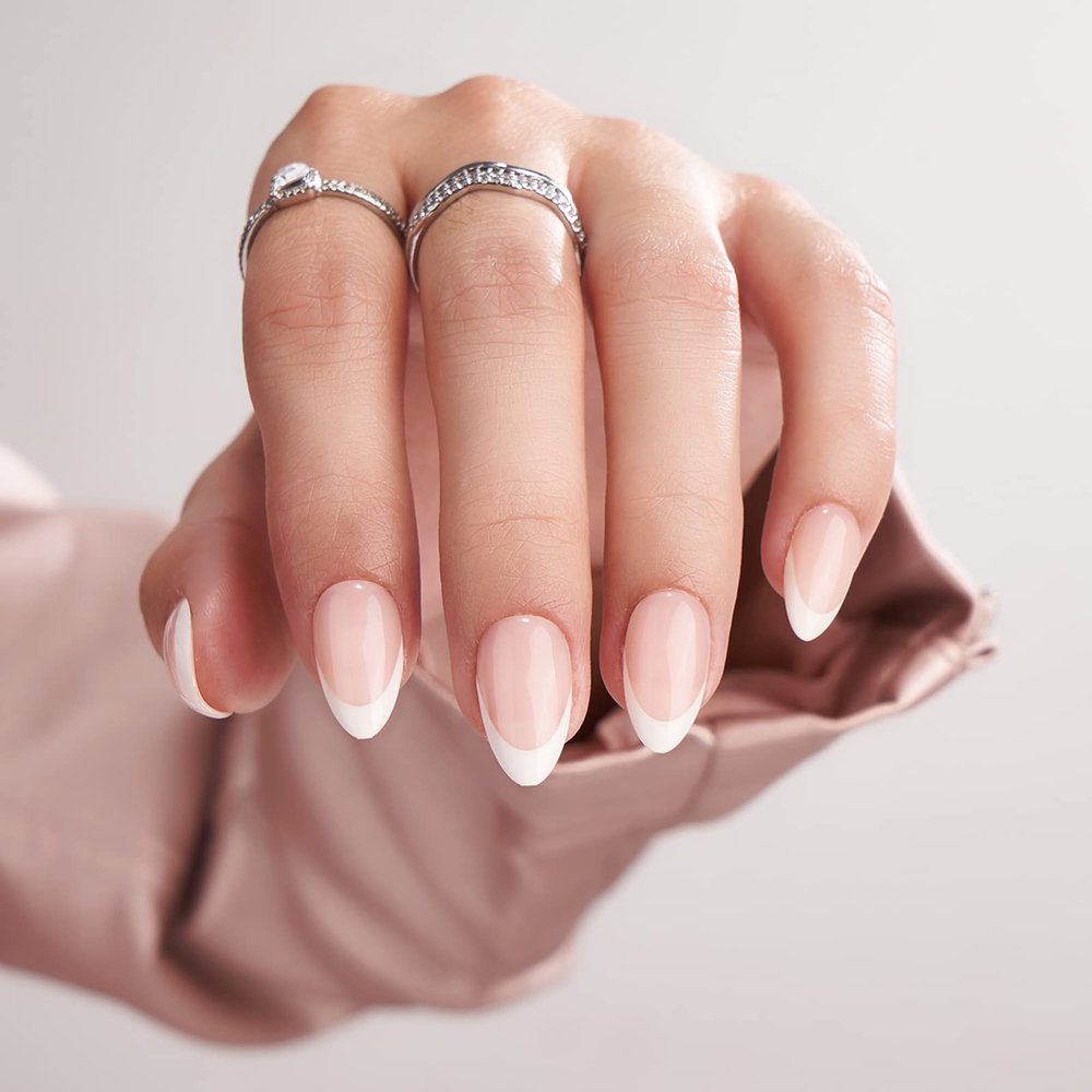 BTArtbox Press On Nails Short - Almond French Tip Press On Nails with Glue for Women, Soft Gel Glue On Nails in 16 Sizes - 32 Stick On Nails Kit, White French
