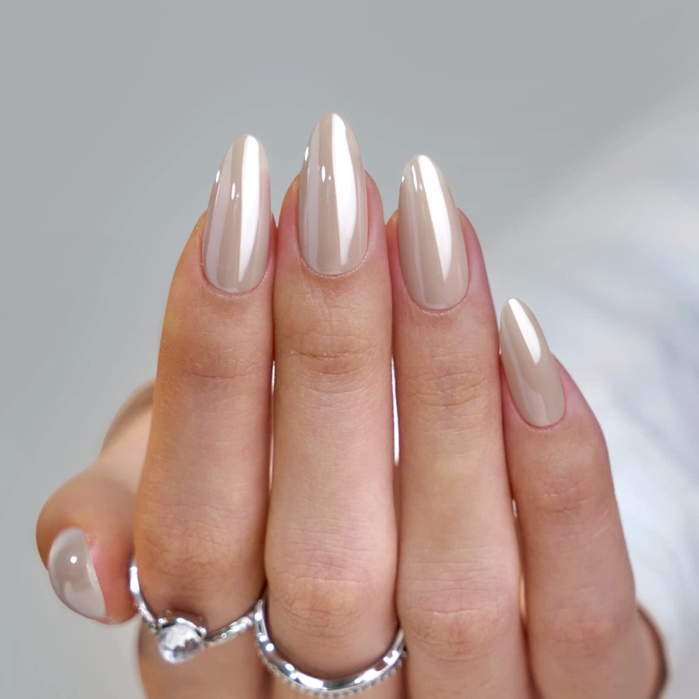 BTArtbox Press On Nails Almond - Medium Soft Gel Chrome Nails, Glue On Nails with Nail Glue, Reusable Stick On Nails in 15 Sizes - 30 Soft Gel Fake Nails Kit, Nuts Glazed