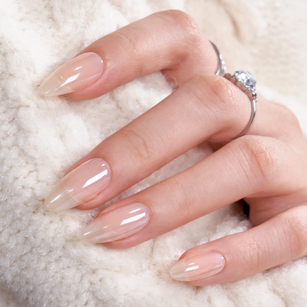 BTArtbox Press On Nails Medium Almond - Press on Nails Chrome Nails, Light Weight & Fit Perfectly Fake Nail with Nail Glue, Nude Glue On Nails in 15 Sizes, Glazed Donut